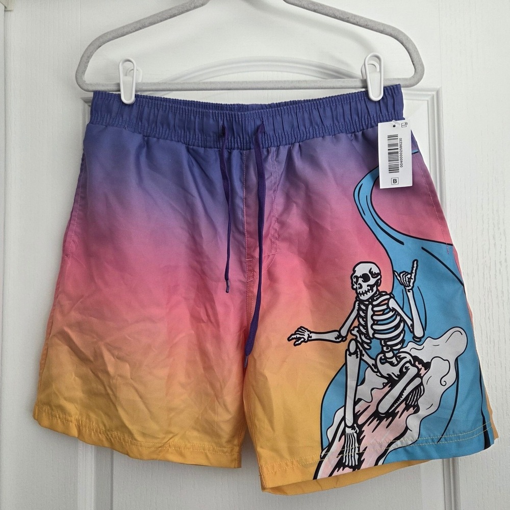 Chemistry Mens Surfing Skeleton Swim Trunk Sunset Ombre UPF 50 Purple Pink L NEW